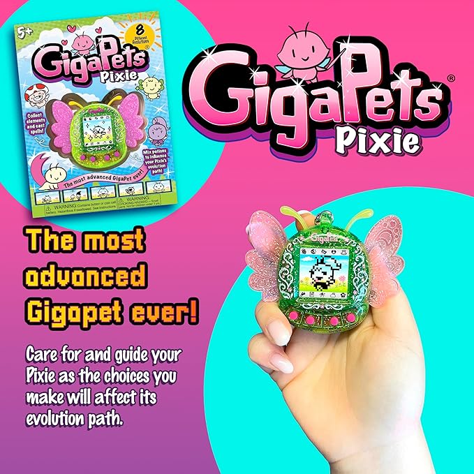 Giga Pets Green Pixie Interactive Digital Pet, Upgraded Virtual Pets for Kids, 8 Different Pixie Evolutions, Classic 90’s Gaming Boys, Girls Toys