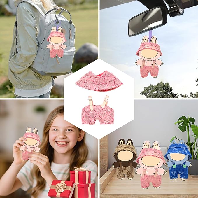 17 cm Doll Clothes Set, Pink Hat & Overalls Clothes 2-Piece Set for 15/17 cm lab, Stylish Adorable Accessories for Doll, Stylish Outfit for Boys Girls Birthday Collectors (2PC Pink)
