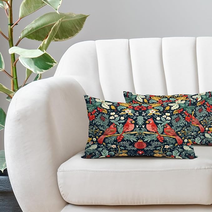 Christmas Lumbar Pillow Covers 12X20 Inch Cardinal Red Birds Berry Leaves Decorative Pillow Cases Set of 2 Xmas Winter Holiday Throw Pillows Farmhouse Home Decor for Sofa Couch Cushion Outdoor