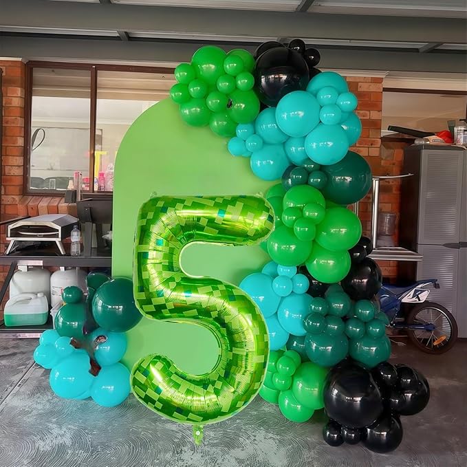 Foil 5 Balloons Number, 40 Inch Dark Kelly Green Pixel Number 5 Balloon for Boys, Big Lime Green Self Inflating 5 Balloon for Kids 5th Birthday Video Game Forest Golf Patrick's Day Party Decorations