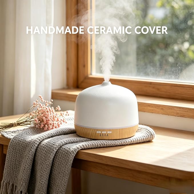 Ceramic Essential Oil Diffusers for Home Large Room, Aromatherapy Scent Air Diffuser Ultrasonic Aroma Defusers 500ml with Timed—Wood