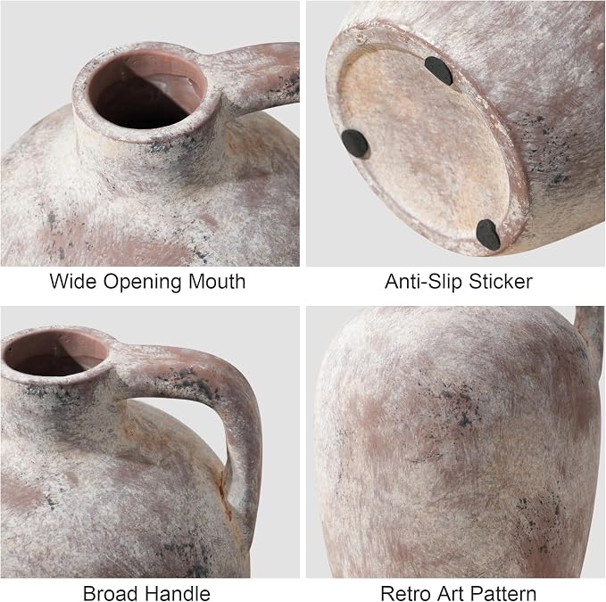 Ceramic Flower Vase with Handles,10" Neutral Tall Clay Terracotta Vases Farmhouse Table Vases with Handle Living Room Decor Rustic Pottery Pots for Home Shelf Coffee Dining Desk Fireplace