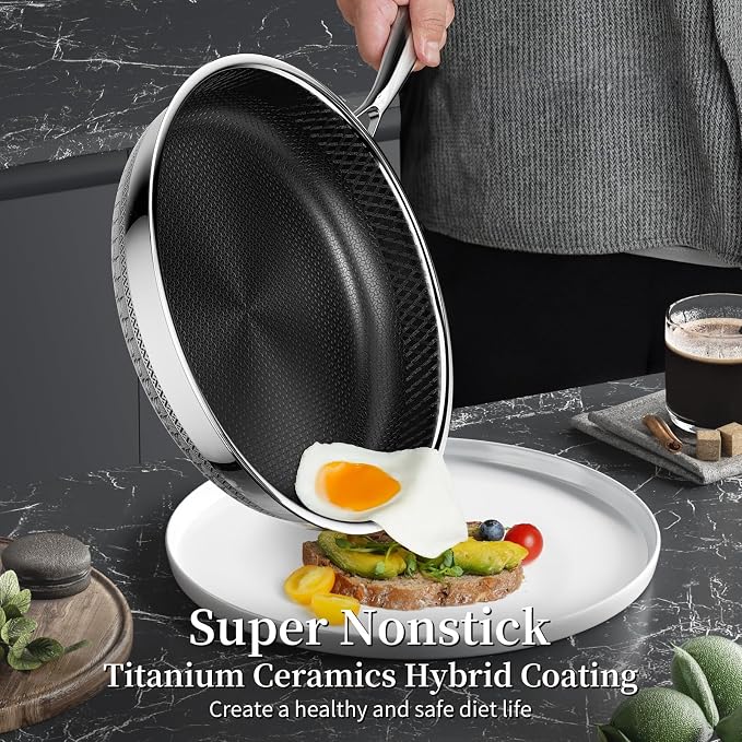 Innerwell 8 Inch Nonstick Frying Pan with Lid, Induction & Oven Safe | Titanium Ceramic Tri-Ply Stainless Steel Hybrid Nonstick Skillet, Stay Cool Handle, Heat Fast and Evenly, PFAS/PFOA/PTFE Free