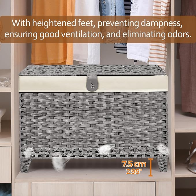 Wicker Storage Basket with Lid, 160L Shelf Basket with Removable Liner Bag | Rattan-Inspired Woven Design, Elevated Feet, Storage Trunk for Wardrobe, Bedroom & Home Organization