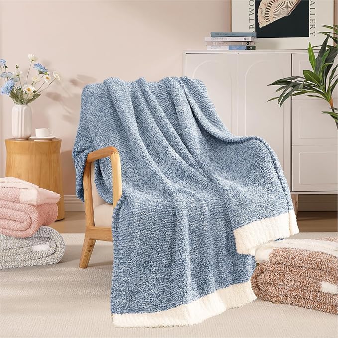 Soft Twin Blanket for Bed-Cozy Warm Reversible Knitted Blankets | Lightweight Fluffy Decor for Women, Mom, Her & Girls, Sofa, Chair, Couch, 60x80in, Cationic Dyeing Blue