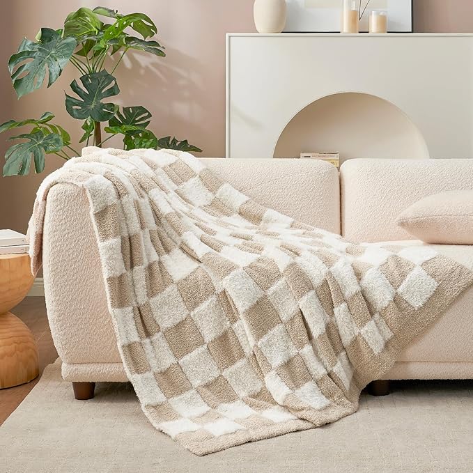 Snuggle Sac Fall Checkered Throw Blanket Faux Fur Microfiber Blankets for Couch,Cozy Soft Warm Blanket for Sofa Bedroom Living Room,Beige Checker,50x60 inches