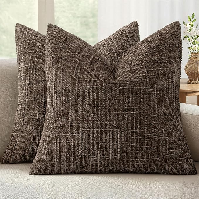 MIULEE Chenille Textured Fall Throw Pillow Covers Brown 18x18 Set of 2 | Slubby Decorative Pillows, Boho Farmhouse Rustic Home Decor, Modern Neutral Cushion Covers for Couch Sofa Bed Living Room