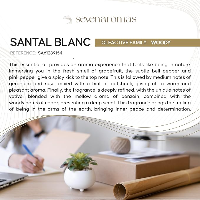SevenAromas Santal Blanc | 45ml 1.5oz Hotel Scent Diffuser Oil | Woody | Sandalwood, Vetiver & Cinnamon | Luxury Hotel Aromatherapy