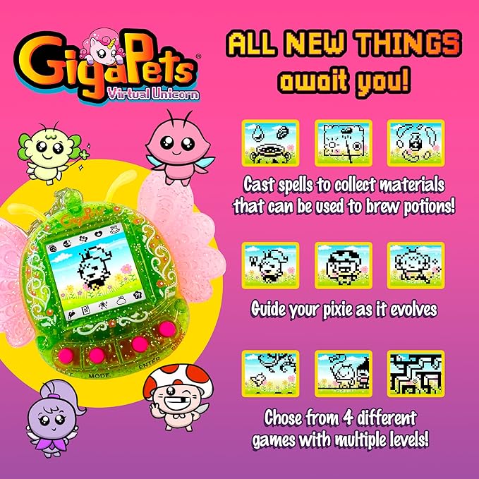 Giga Pets Green Pixie Interactive Digital Pet, Upgraded Virtual Pets for Kids, 8 Different Pixie Evolutions, Classic 90’s Gaming Boys, Girls Toys
