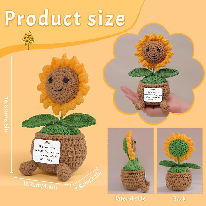 Positive Sunflower Crochet Gifts with Inspirational Card, Handmade Emotional Support Cute Sunflower Toy for Women Friends, Teacher, Coworker Birthday Christmas Thank You Gifts