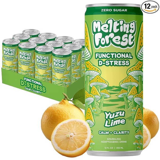 Melting Forest Functional Mushroom D-Stress - Adaptogen Drink with L-Theanine, Reishi, Lion's Mane & Magnesium - Relaxation Drinks for Stress Relief - Zero Sugar, 5 Calories - Yuzu Lime (12-Pack)