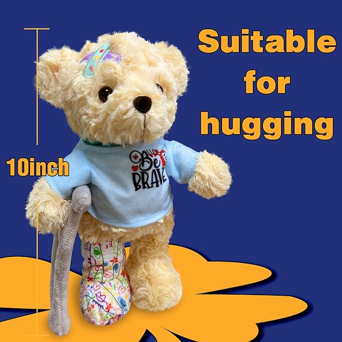 1PC Get Well Soon Broken Leg Teddy Bear - 11" Teddy Stuffed Animal with Switchable Magic Tape Cast & Crutch, Hospital Surgery Recovery Gift for Kids/Toddlers, Be Brave Pre-Printed Doodle Plush