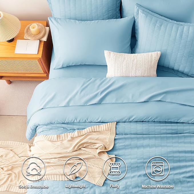CozyLux King Size Comforter Set Sky Blue Seersucker 7 Pieces Bed in a Bag King Comforter Set with Sheets, Luxury Soft Bedding Sets with Down Alternative Comforter, Sheets, Pillowcases & Shams