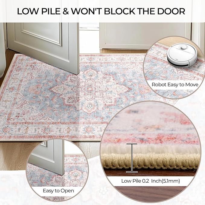 CAPALOCA Runner 2x6 Washable Nursery Girls Low Pile Area Rug Pink Blue | Non-Slip Soft Rugs for Bedroom Kids Playroom Living Room, Print Pattern Water Repellent Carpet Indoor Decor
