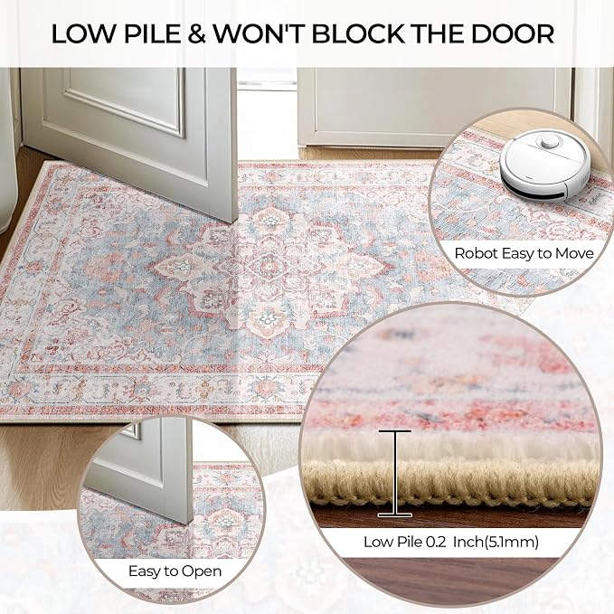 CAPALOCA 2x3 Washable Nursery Girls Low Pile Area Rug Pink Blue | Non-Slip Soft Rugs for Bedroom Kids Playroom Living Room, Print Pattern Water Repellent Carpet Indoor Decor