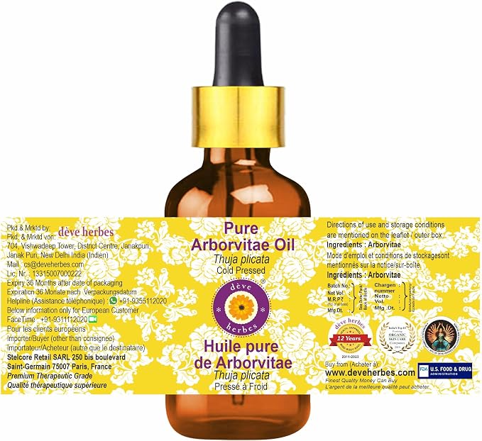dève herbes Arborvitae Oil (Thuja plicata) with Glass Dropper | Cold Pressed | Pure | Natural | For Diluting Essential oils | For Skin & Massage | Non-Sticky | Lightweight | Unisex | 15ml (0.50 oz)