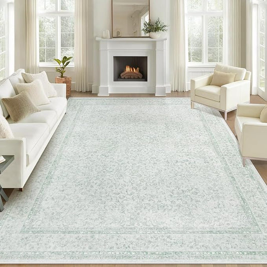 8x10 Area Rugs for Living Room: Washable Large Vintage Floral Rug Low Pile Non-Slip Boho Carpet for Bedroom Home Office Dining Room (Green, 8'x10')