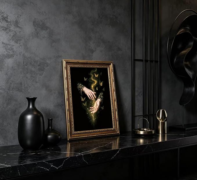 Vintage Gold Framed Canvas Wall Art Gothic Dark Academia Painting Picture Wall Decor Magic Hands Butterfly Poster Print Artwork for Living Room Bedroom Bathroom Office Home Decoration