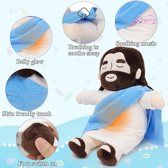 Officially Jesus Plush Breathing Soothing Stuffed Animal Heart of Jesus Toy Savior Doll for Church Sunday School Religious Easter Gift for Kids (Blue)