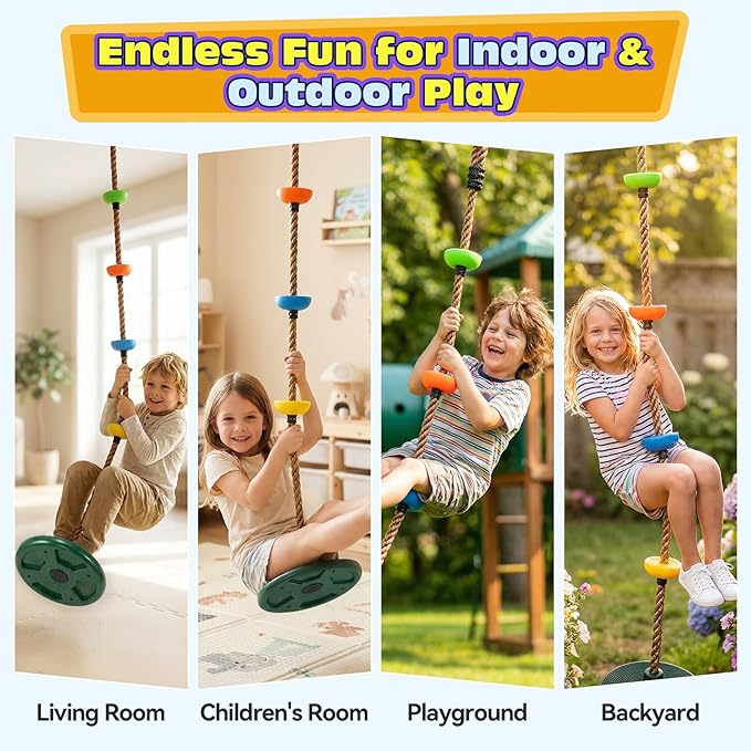 HeyZoo Tree Swing for Kids 330LB Capacity, Climbing Rope with Platforms and Disc Swing Seat Set Outdoor Backyard Playground Accessories with Carabiners and Thickened Strap, Green