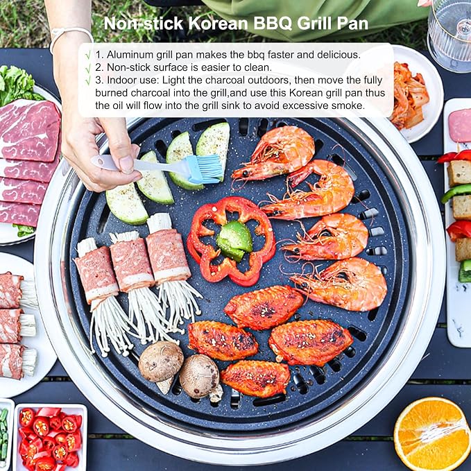 Korean BBQ Grill Charcoal 13.7 Inches Stainless Steel Portable Barbecue Grill and 4 PCS Korean BBQ Tongs