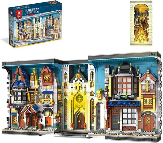 Medieval Architecture Book Nook Building Set with Light, European Century Street View Bookend, DIY Bookshelf Building Block Kit for Home Decor, House Model for Adults Kids Boys Girls Age 8+