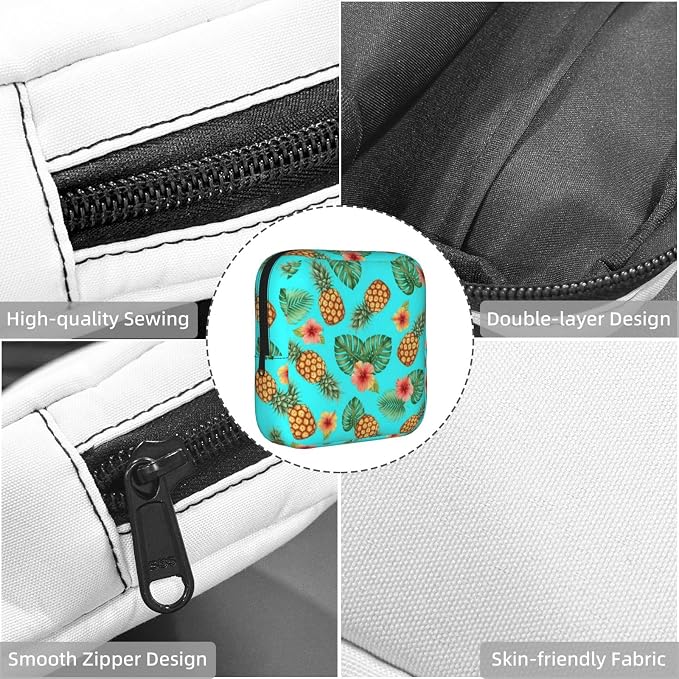 Ladies Sanitary Pad Storage Bag Exotic Tropical Flowers Leaves Watercolor Pineapple, Portable Polyester Period Pouch, Holds Tampons Panty Liners Menstrual Cup for Outdoor