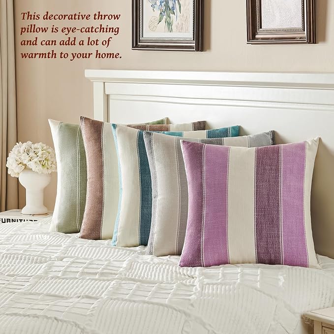 Pack of 2 Farmhouse Stripe Check Throw Pillow Covers Set Case Cotton Linen Decorative Pillowcases Cushion Cover for Couch Bench Sofa 20x20Inch Brown