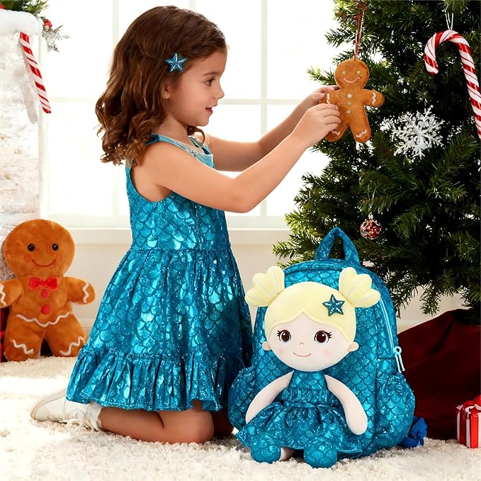 Lazada Toddler Backpack - Baby Girl Gifts Plush Doll Dress Backpack - Fashion Girls Tina Fish Scale Series - Blue 11Inches
