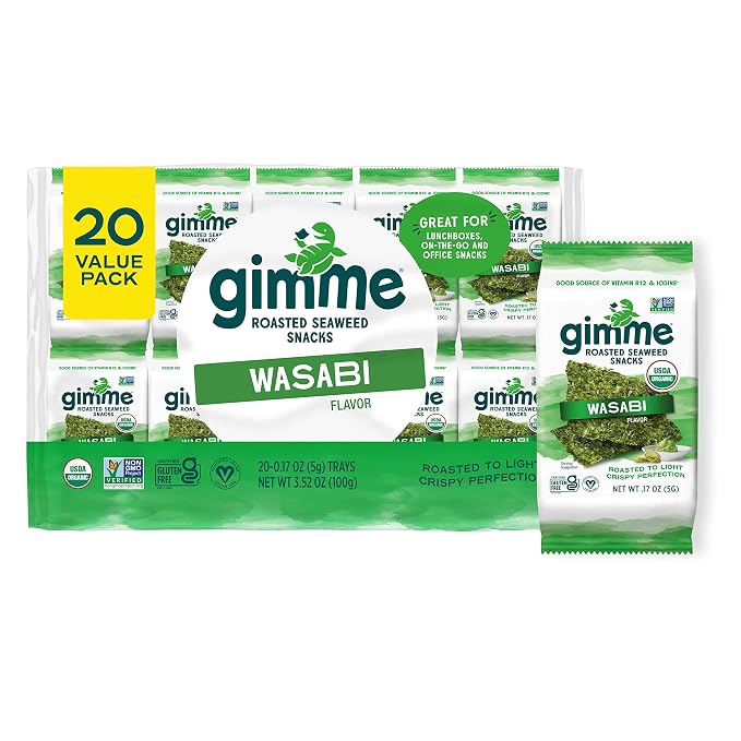 Gimme 20 CT Wasabi Organic Roasted Seaweed Snacks, 5g, 0.17oz