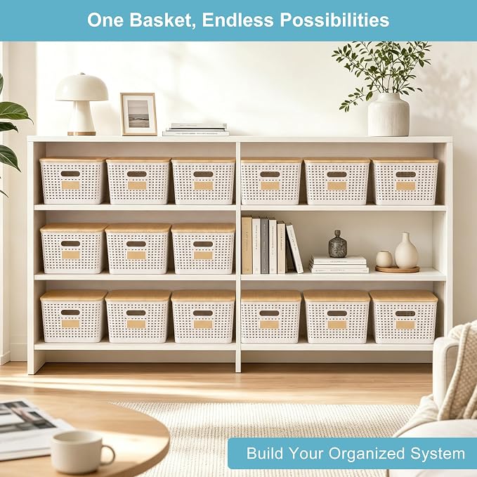 2 Pack Tall Plastic Storage Bins with Bamboo Lids, 10.8qt Stackable Storages Baskets for Organizing Desktop Closet Playroom Classroom Office, 12"L x 8.3"W x 6.1"H, Cream White