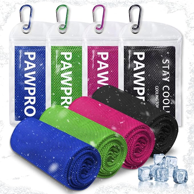 PAWPRO 4 Packs Cooling Towels for Neck and Face, Soft Breathable Gym Towels with Waterproof Bag & Carabiner, Multi-Colored Sweat Towels for Gym, Running, Yoga (Royal Blue/Green/Pink/Black)
