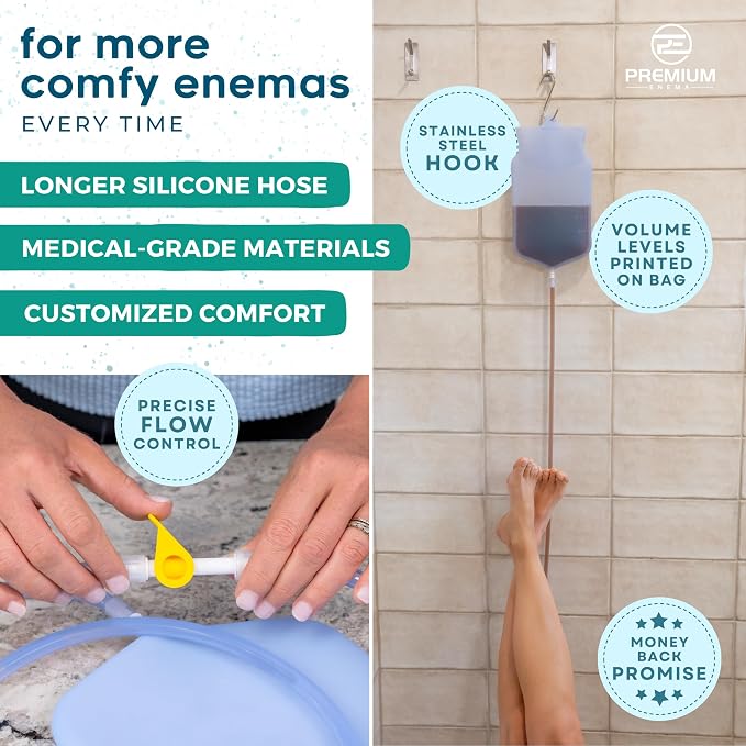 Premium Enema Kit 2 Quart Clear Silicone Bag for Enemas for Colon Cleanse for Women and Men - 6.75 Foot Hose, 7 Tips, Reusable Enema Kit