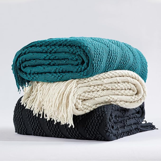BOURINA Teal Throw Blanket 50x60 Inch Soft Ripple Throw Knitted Blanket | Soft Ripple Throw Textured Solid Soft Throws and Blankets for Sofa or Bed Knitted Decorative Blanket