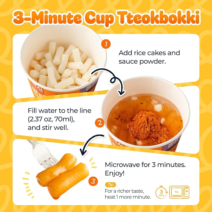 Dongwon Yangban Cheese Tteokbokki Cup, 6-Pack with Forks, Microwave Korean Rice Cakes Ready in 3 Minutes, Mild Cheddar and Parmesan Sauce with Hint of Heat, Kid-Approachable Comfort Snack, 4.23oz (120g)