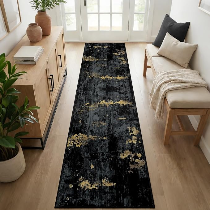 RELEANY Washable Area Rugs 2'6"x10 Non-Slip Modern Abstract Soft for Living Room Entryway Bedroom Kitchen, Print Pattern, Dark Black Gold