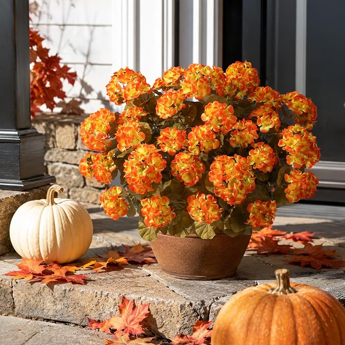 Fake Geraniums Artificial Flowers for Outdoors Autumn Decoration, 6 Bundles Silk Geraniums Look Real Faux Fall Flowers Plants for Front Door Garden Planter Patio Balcony Yard Home Indoor, OrangeYellow