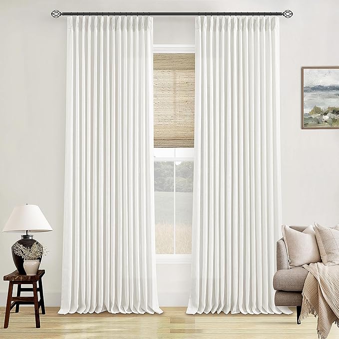 TWODRAPES Beige White Pinch Pleated Linen Curtains 92 Inches Long 2 Panels for Living Room Bedroom Memory Training Shaped Semi Sheer Pleat Drapes with Hooks Rings Light Filtering Window Curtain 40x92