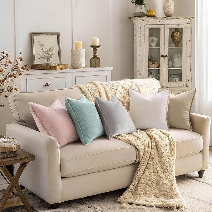 decorUhome Soft Chenille Throw Pillow Covers 22x22 Set of 2 Aqua Haze | Fall Textured Decorative Throw Pillow Cases Stitched Edge Modern Farmhouse Luxury Boho Velvet for Couch Sofa Bed Home Decor