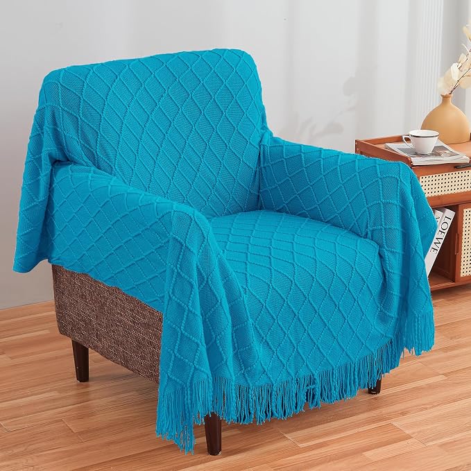 inhand Teal Knitted Throw Blanket for Couch and Bed, 50"x60" | Soft Living Room Home Decor Knitted Blanket, Tassel, Outdoor Lightweight Breathable Summer, Farmhouse Warm Woven Decorative
