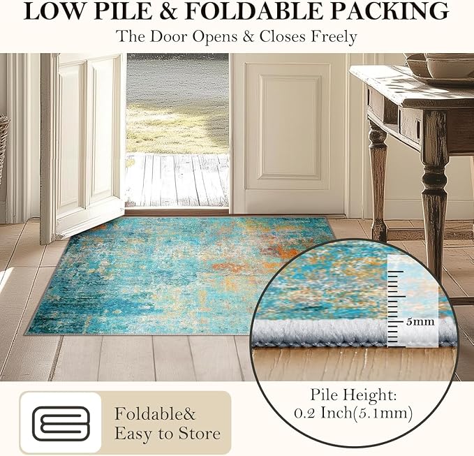RELEANY Washable 2'x3' Abstract Area Rug for Living Room Teal Multi | carpet for bedroom, kitchen, office, hallway and entryway, printed pattern, non-slip, soft, stain-resistant, easy to clean
