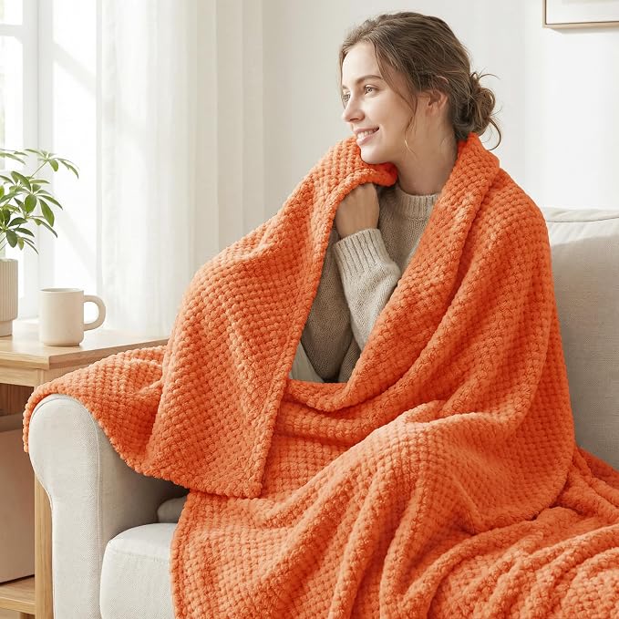 Exclusivo Mezcla Large Waffle Fleece Throw Blanket for Couch, Burnt Orange | Lightweight Soft Blanket for Sofa, Bed, Living Room, Plush Fluffy Throw for Home Decor, Travel, All Season, 50x70 Inches