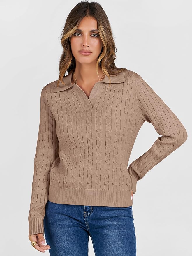 ANRABESS Womens Cable Knit Sweaters Long Sleeve V Neck | Pullover Collared Sweater Tops, Polo Knit Shirts, Business Casual Work, Tennis Golf, Fall Winter Fashion Outfits