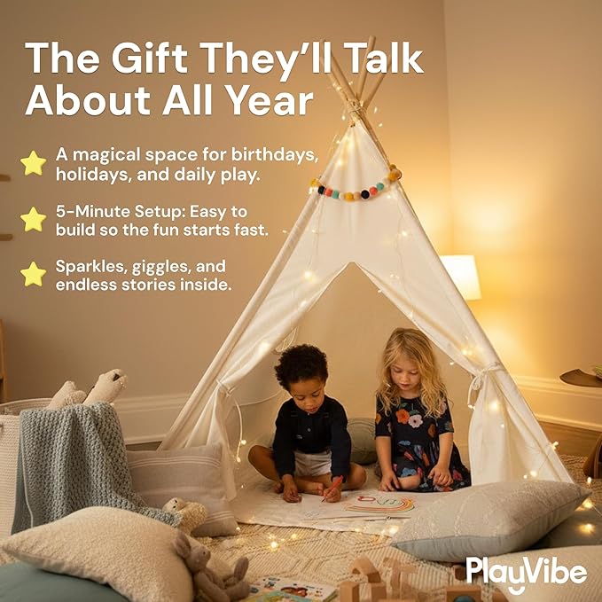 Playvibe Teepee Tent for Kids with LED Star Lights - Toddler Tent & Reading Corner for Kids, Playhouse Gift, Nursery Decor & Indoor Play, Winter Indoor Retreat Toy Fort for Toddler