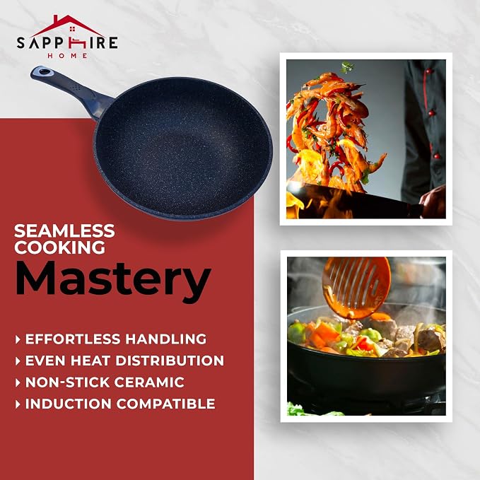 HOME N KITCHENWARE Nonstick Ceramic Wok, Frying Pan - Premium 9-Layered Cookware, Korean Marble-Coated - Easy to Clean Cast Aluminum - Induction Ready for Saute, Stir-Fry, Eggs, Fried Rice 12-Inch