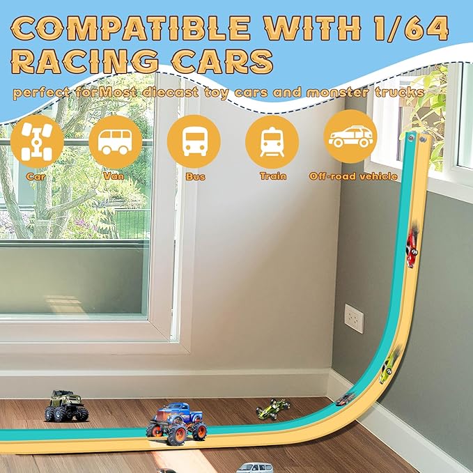 Flex Tracks 15 Ft for Kids Starter Set, Flexible Race Car Ramp Track with Suction Cups Compatible with Hot Wheels and Diecast 1/64th Cars for Ages 3 & Up (Daytona Blue & Yellow)