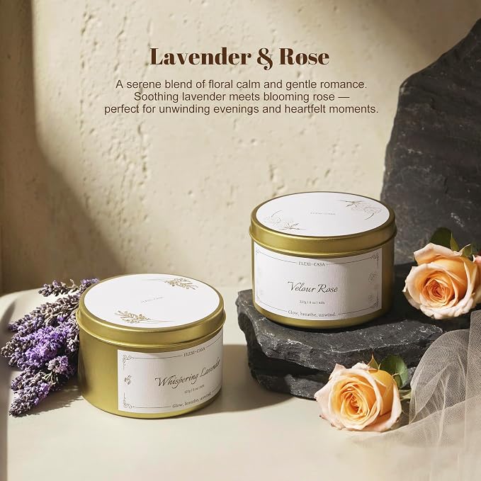 Lavender Rose Candle Set, Soy Wax Tin Candles, 2 Pack | 2-pack lavender and rose soy wax tin candles, 8 oz each, with floral scents and gift-ready packaging