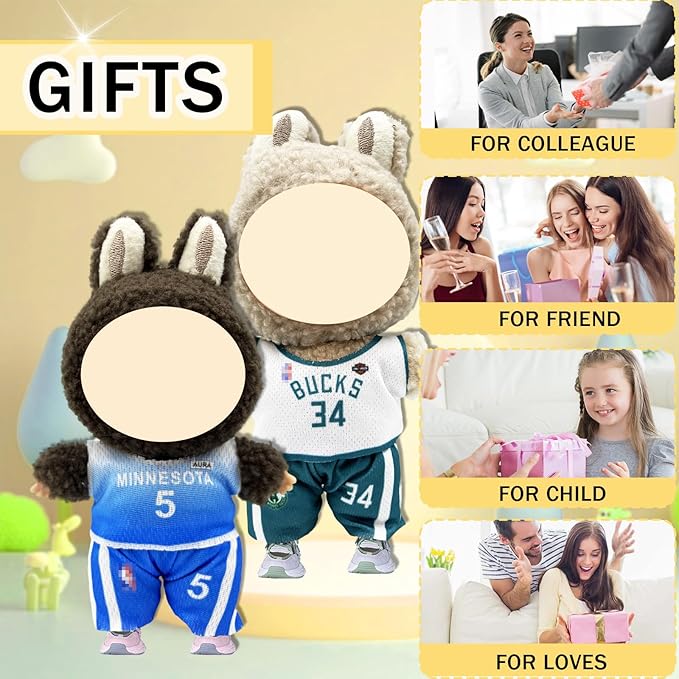 Doll Clothes for Labubu,Cute Outfit for 17cm Doll Clothe 2/3PCS Clothes and Hats Stylish Dolls Clothe for 17 cm Labubu,Casual Style Costumes for Labubu Dolls (Jersey Set)