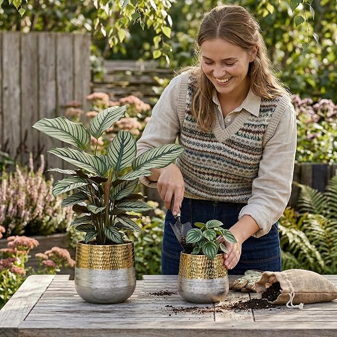 MyGift Hammered Brass and Silver Metal Planters, Handcrafted, 2 Pack | Handcrafted in India, these textured two-tone planters add an elegant metallic accent for indoor plants, flowers, and décor