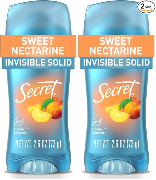 Secret Fresh Antiperspirant Deodorant for Women,72hr Breathable Sweat & Odor Protection,Instant Freshness & Gentle,PH Balancing Minerals,Invisible Solid,Sweet Nectarine Scent,2.6 oz,(Pack of 2)